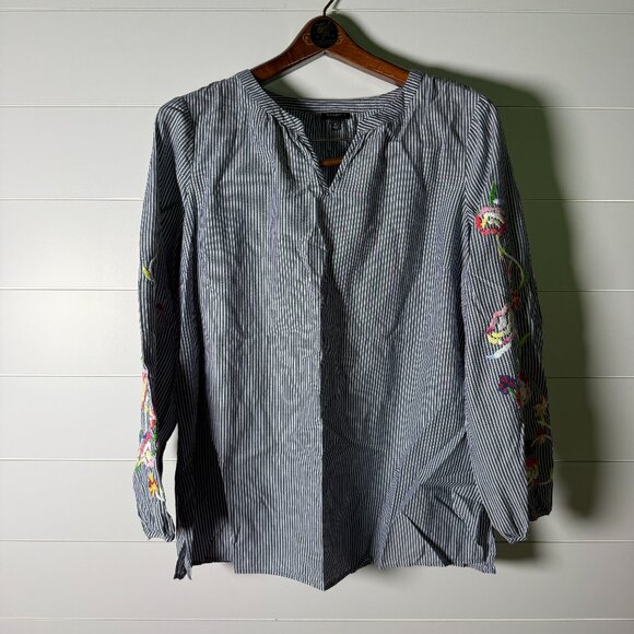 Talbots Tops - Talbots Long Sleeve Black & White Stripe with Floral Embroidery 100% Cotton Sz L